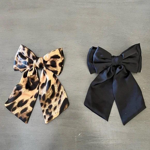 Black Satin Rhinestone Heart Coquette Preppy 8.5" Bow Snap Barrette Hair Clip - Picture 6 of 7